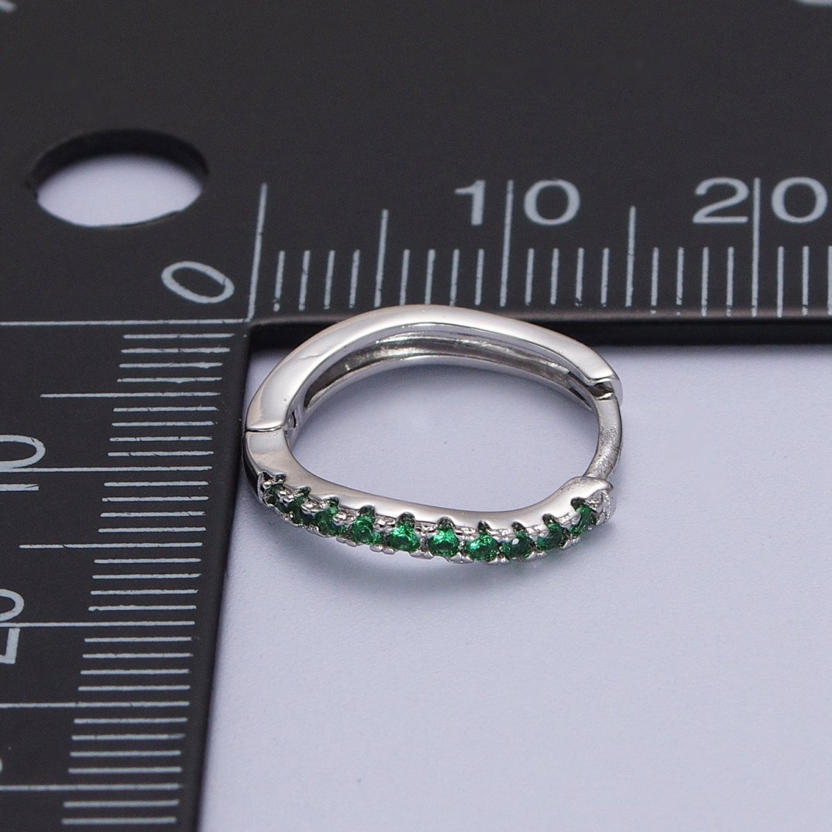 White Gold Filled Rhombus Huggie Green Micro Paved CZ Lined Hoop Earrings P-498 - DLUXCA