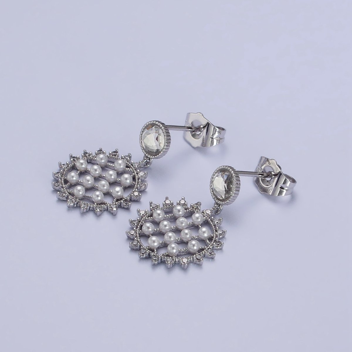 White Gold Filled Sun Celestial Micro Paved Pearl Lined Round Clear CZ Drop Dangle Earrings | AB161 - DLUXCA