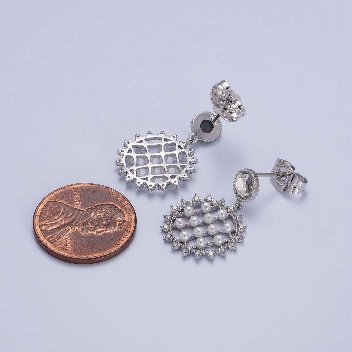 White Gold Filled Sun Celestial Micro Paved Pearl Lined Round Clear CZ Drop Dangle Earrings | AB161 - DLUXCA