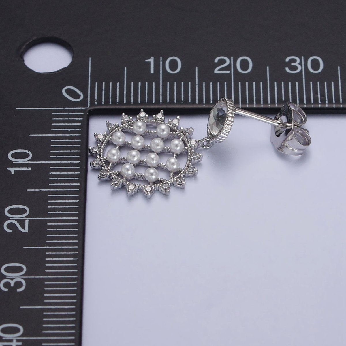 White Gold Filled Sun Celestial Micro Paved Pearl Lined Round Clear CZ Drop Dangle Earrings | AB161 - DLUXCA