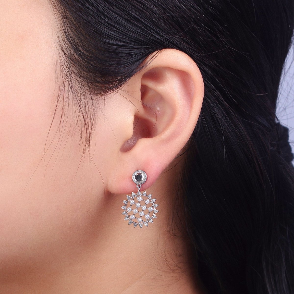 White Gold Filled Sun Celestial Micro Paved Pearl Lined Round Clear CZ Drop Dangle Earrings | AB161 - DLUXCA