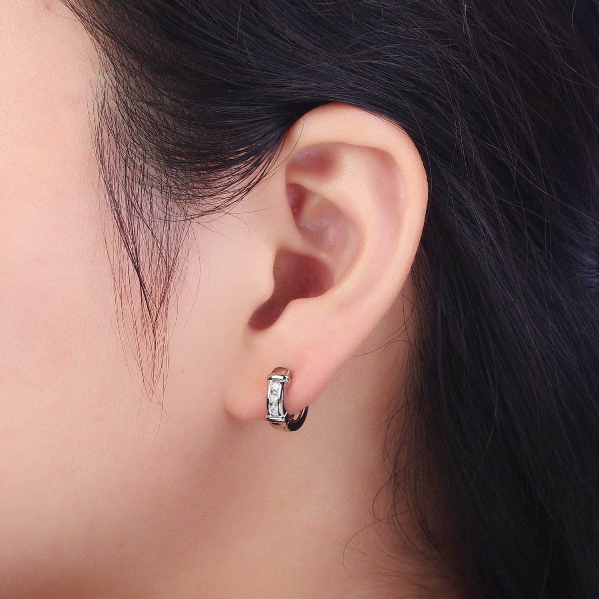 White Gold Filled Three Clear Round CZ Lined Bar Silver Huggie Earrings | AB013 - DLUXCA