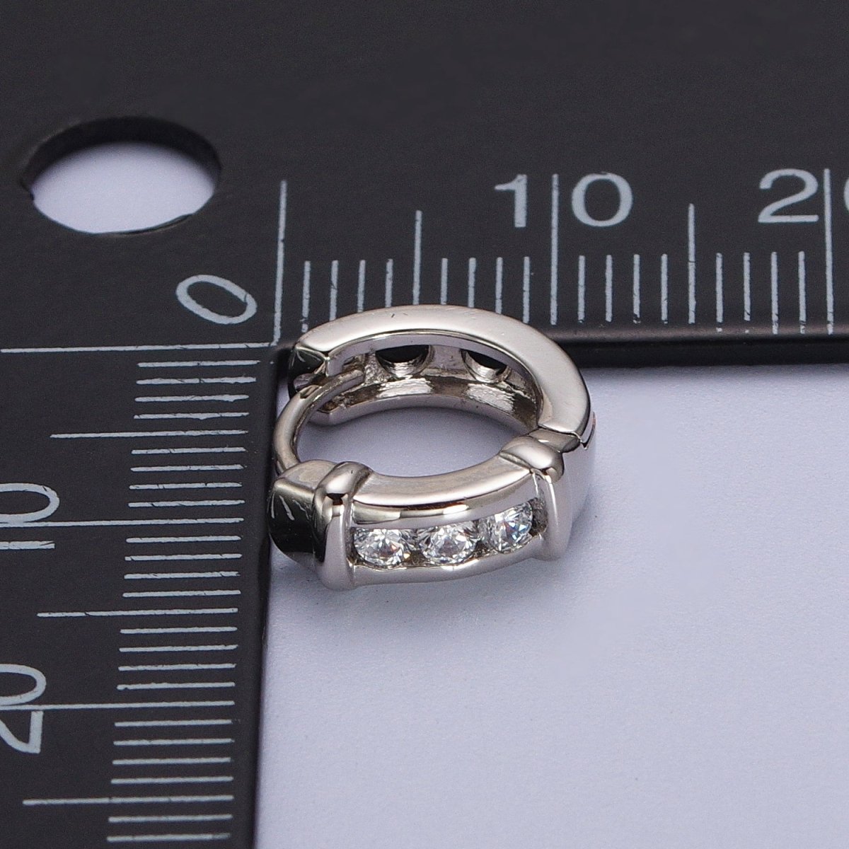 White Gold Filled Three Clear Round CZ Lined Bar Silver Huggie Earrings | AB013 - DLUXCA