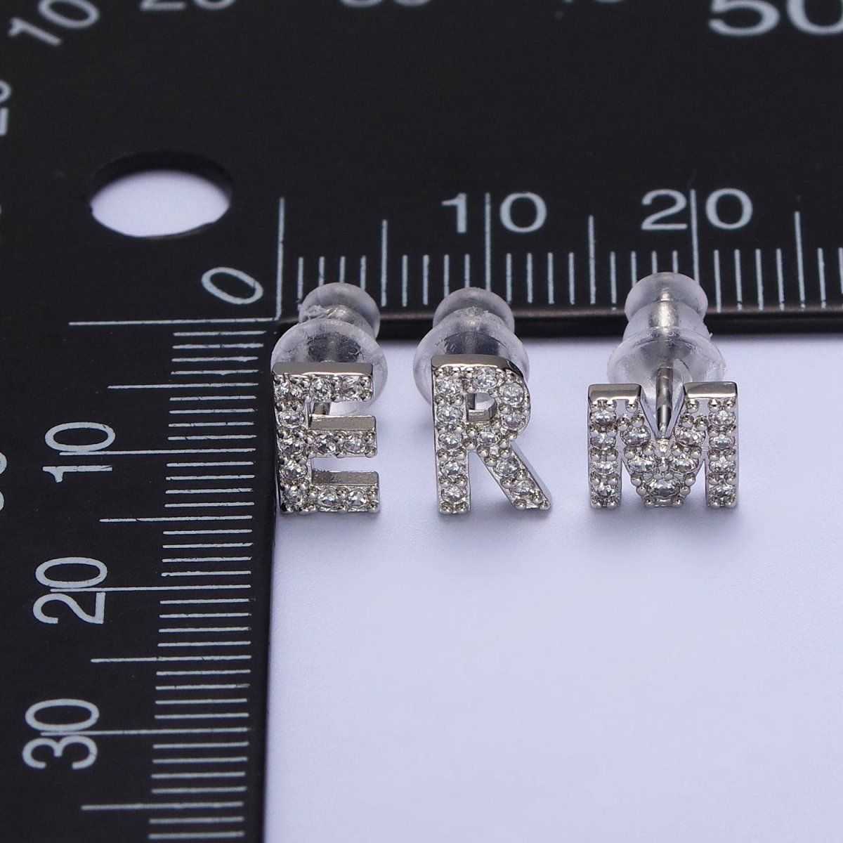 White Gold Filled Tiny Initial Letter Diamond CZ Silver Stud Earrings | Y-120~Y-145 - DLUXCA