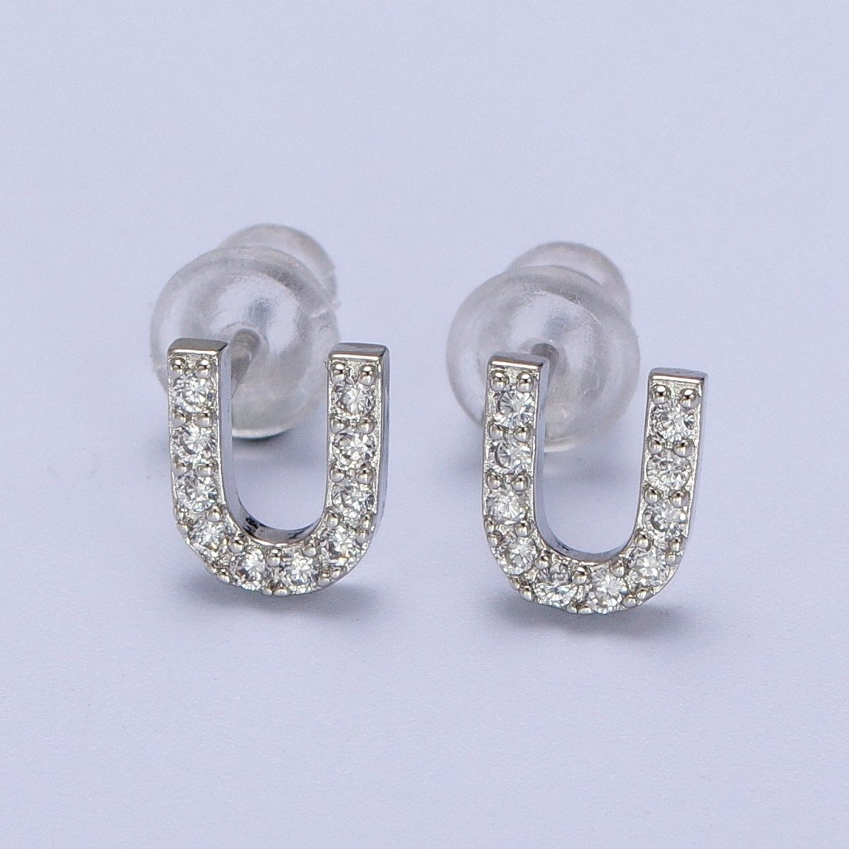 White Gold Filled Tiny Initial Letter Diamond CZ Silver Stud Earrings | Y-120~Y-145 - DLUXCA