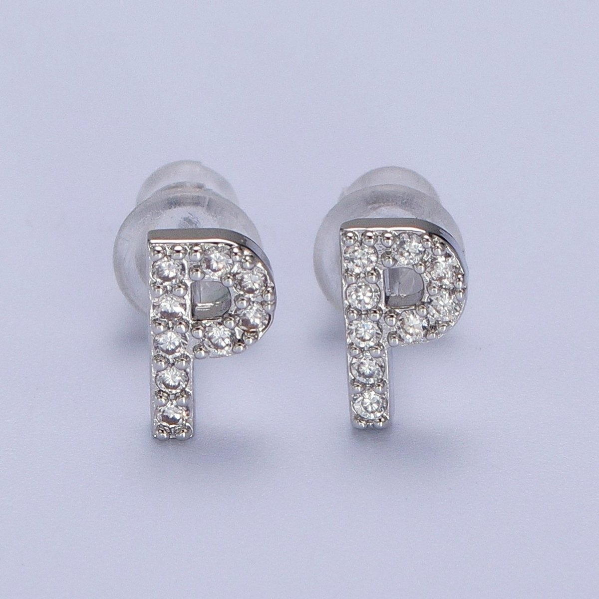 White Gold Filled Tiny Initial Letter Diamond CZ Silver Stud Earrings | Y-120~Y-145 - DLUXCA