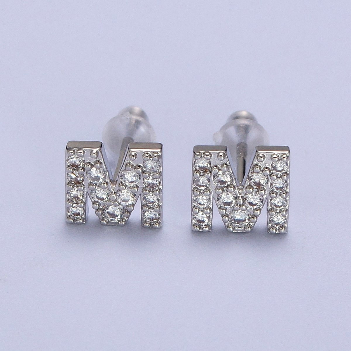 White Gold Filled Tiny Initial Letter Diamond CZ Silver Stud Earrings | Y-120~Y-145 - DLUXCA