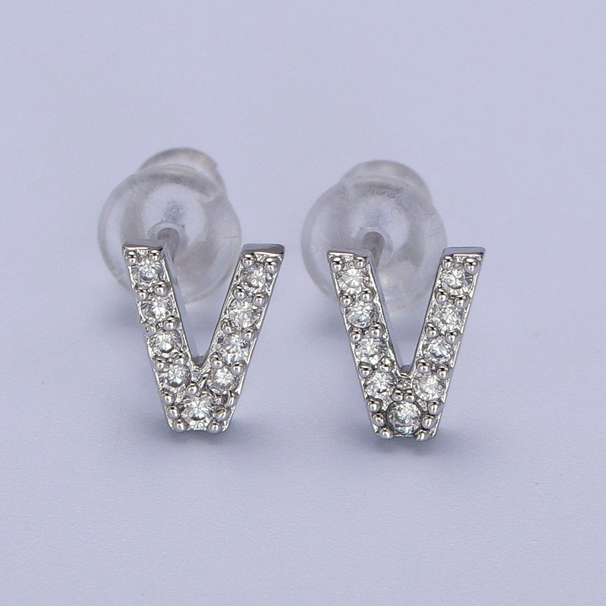 White Gold Filled Tiny Initial Letter Diamond CZ Silver Stud Earrings | Y-120~Y-145 - DLUXCA