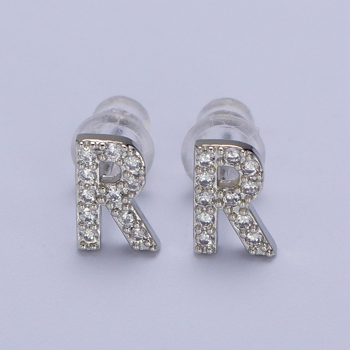 White Gold Filled Tiny Initial Letter Diamond CZ Silver Stud Earrings | Y-120~Y-145 - DLUXCA