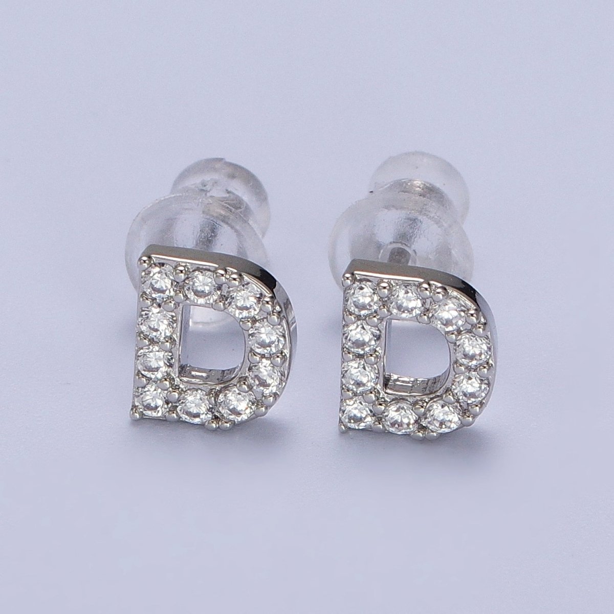 White Gold Filled Tiny Initial Letter Diamond CZ Silver Stud Earrings | Y-120~Y-145 - DLUXCA