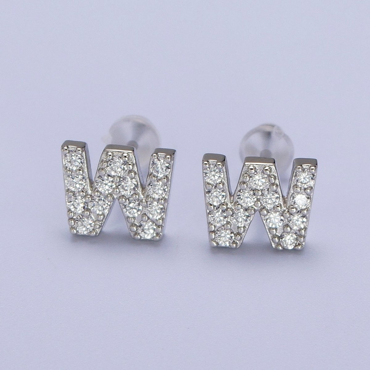 White Gold Filled Tiny Initial Letter Diamond CZ Silver Stud Earrings | Y-120~Y-145 - DLUXCA