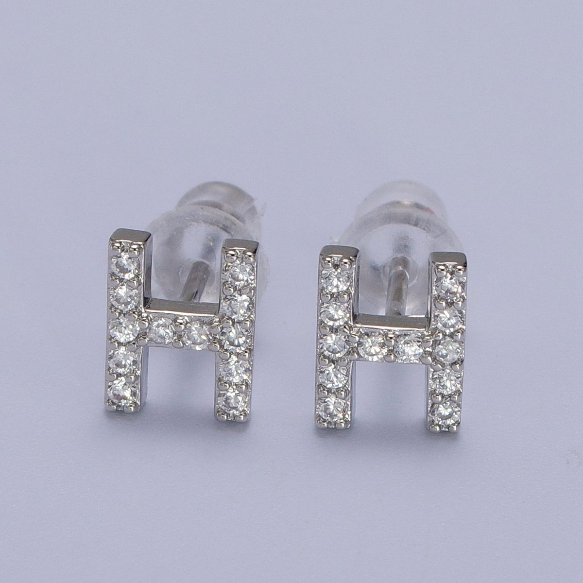 White Gold Filled Tiny Initial Letter Diamond CZ Silver Stud Earrings | Y-120~Y-145 - DLUXCA