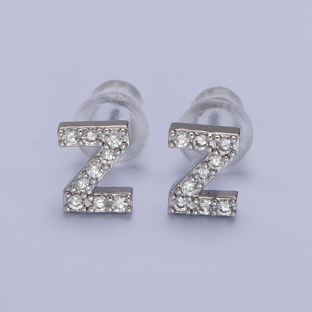 White Gold Filled Tiny Initial Letter Diamond CZ Silver Stud Earrings | Y-120~Y-145 - DLUXCA