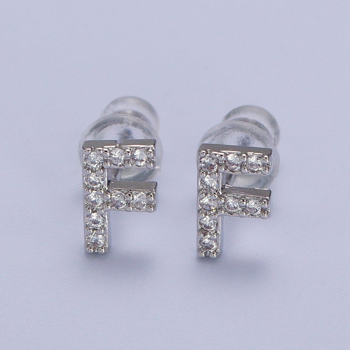 White Gold Filled Tiny Initial Letter Diamond CZ Silver Stud Earrings | Y-120~Y-145 - DLUXCA