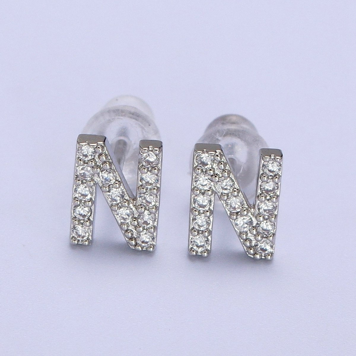 White Gold Filled Tiny Initial Letter Diamond CZ Silver Stud Earrings | Y-120~Y-145 - DLUXCA