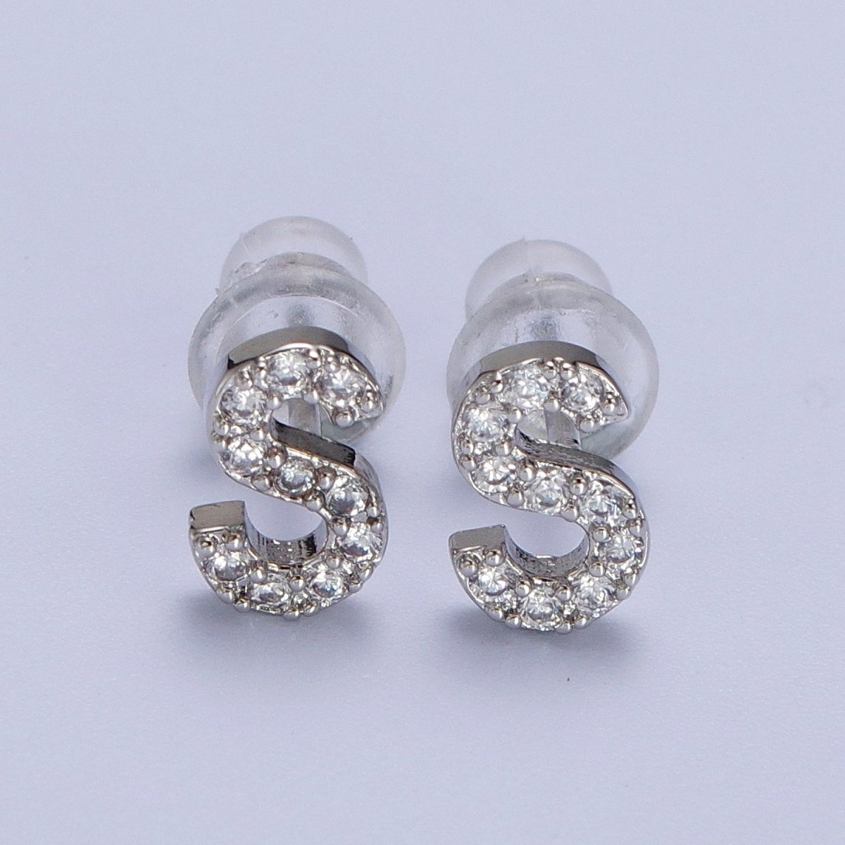 White Gold Filled Tiny Initial Letter Diamond CZ Silver Stud Earrings | Y-120~Y-145 - DLUXCA