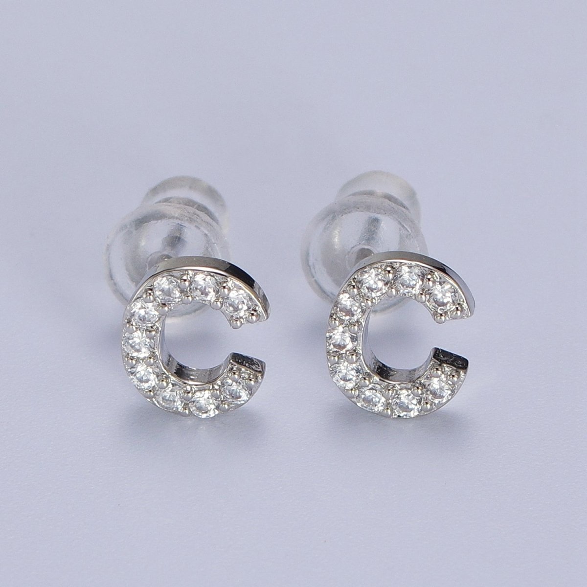 White Gold Filled Tiny Initial Letter Diamond CZ Silver Stud Earrings | Y-120~Y-145 - DLUXCA