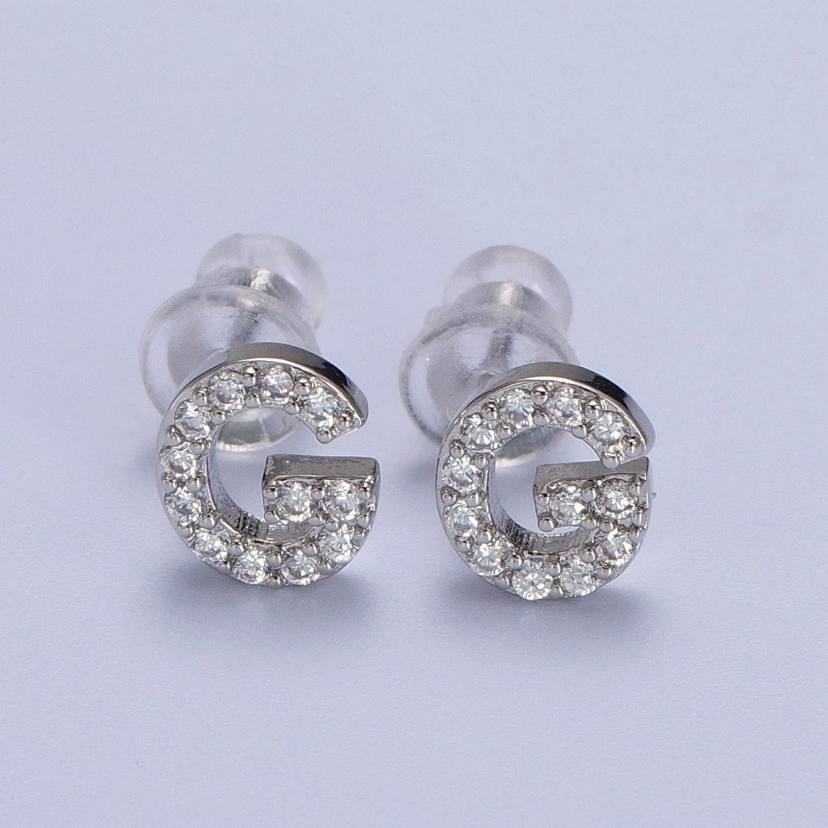White Gold Filled Tiny Initial Letter Diamond CZ Silver Stud Earrings | Y-120~Y-145 - DLUXCA