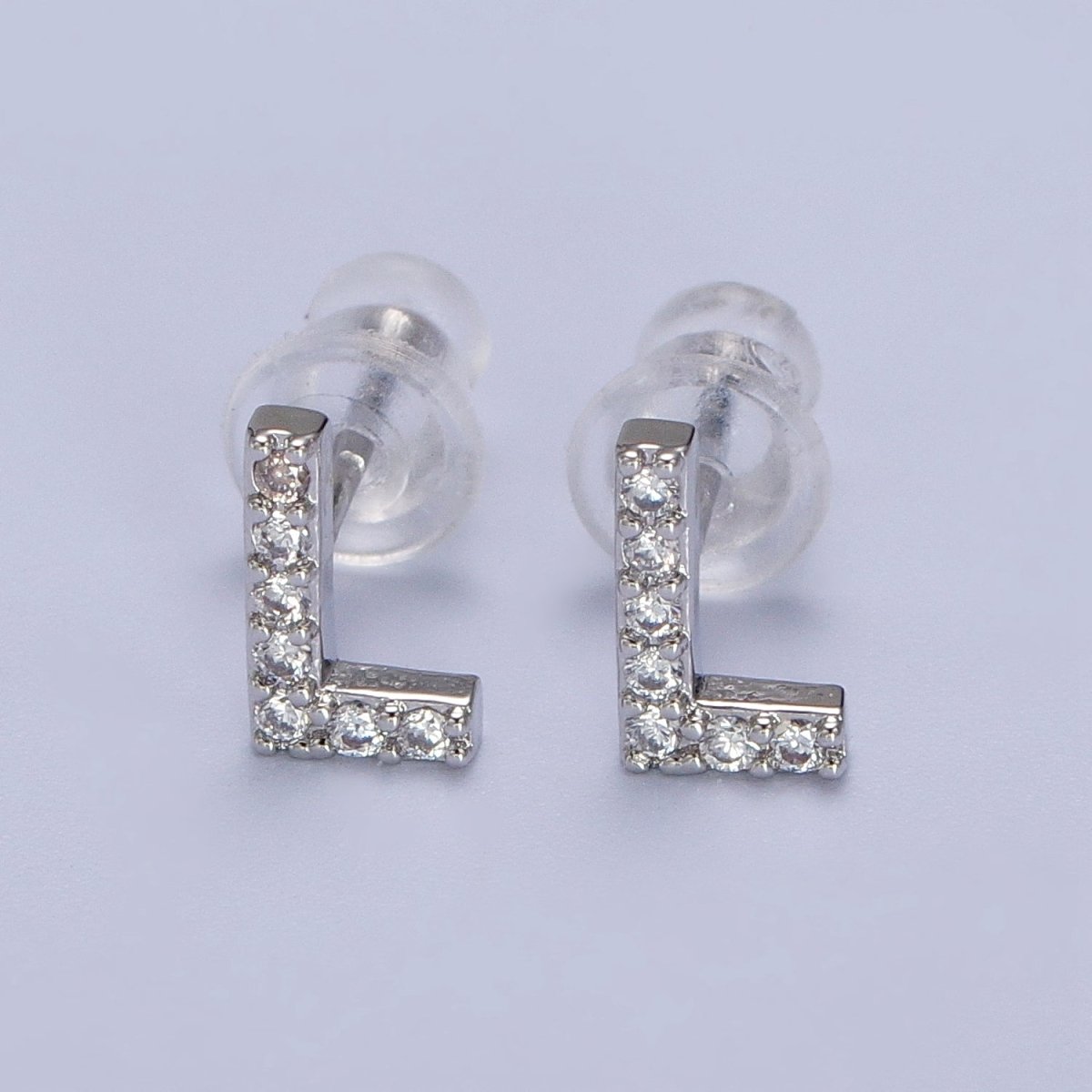 White Gold Filled Tiny Initial Letter Diamond CZ Silver Stud Earrings | Y-120~Y-145 - DLUXCA