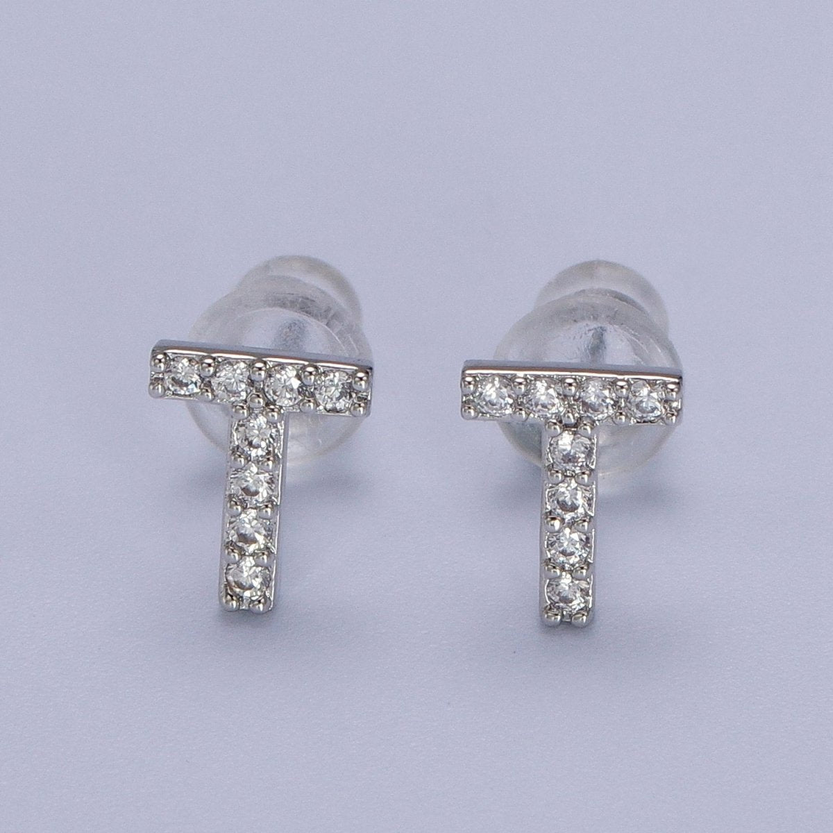White Gold Filled Tiny Initial Letter Diamond CZ Silver Stud Earrings | Y-120~Y-145 - DLUXCA