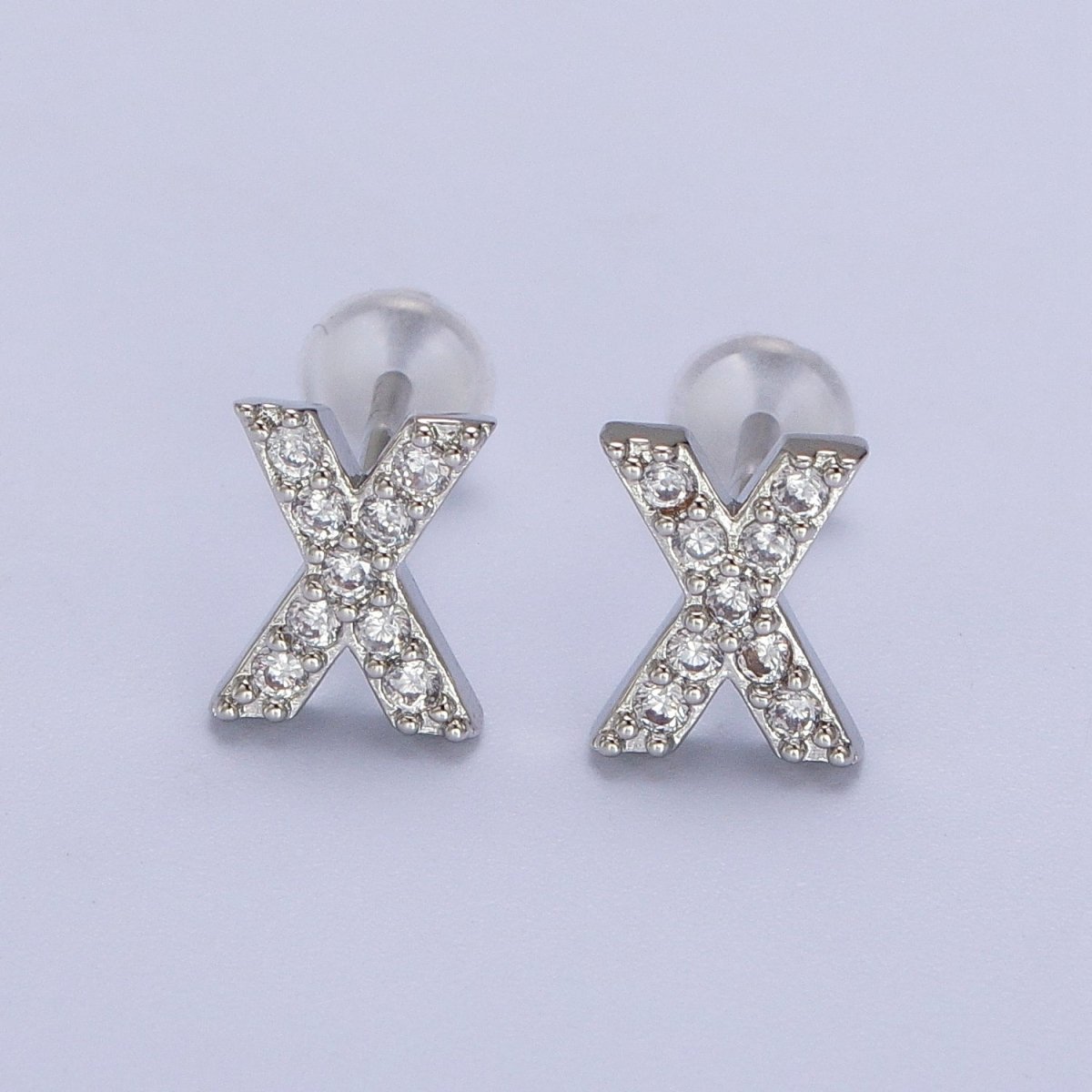White Gold Filled Tiny Initial Letter Diamond CZ Silver Stud Earrings | Y-120~Y-145 - DLUXCA