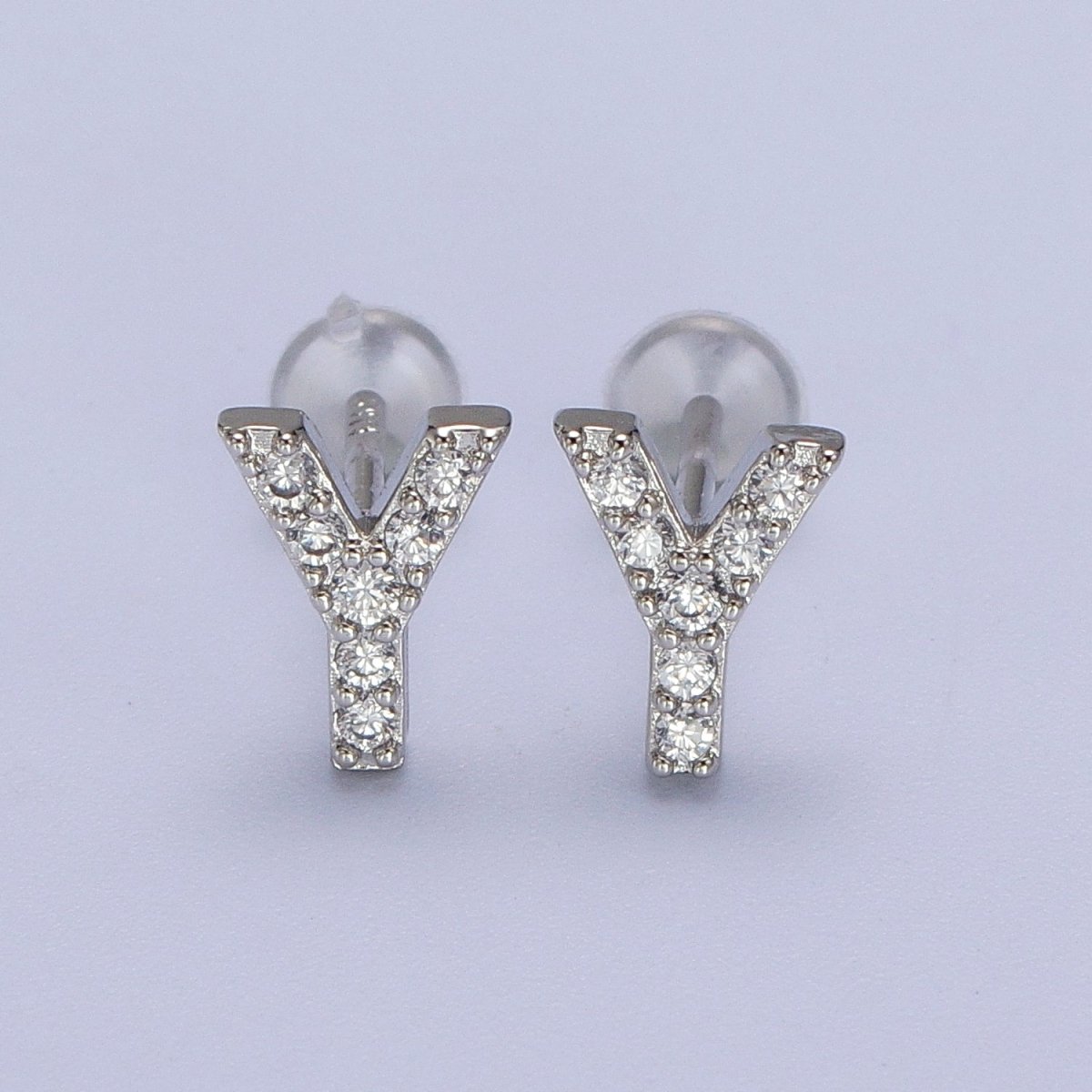 White Gold Filled Tiny Initial Letter Diamond CZ Silver Stud Earrings | Y-120~Y-145 - DLUXCA