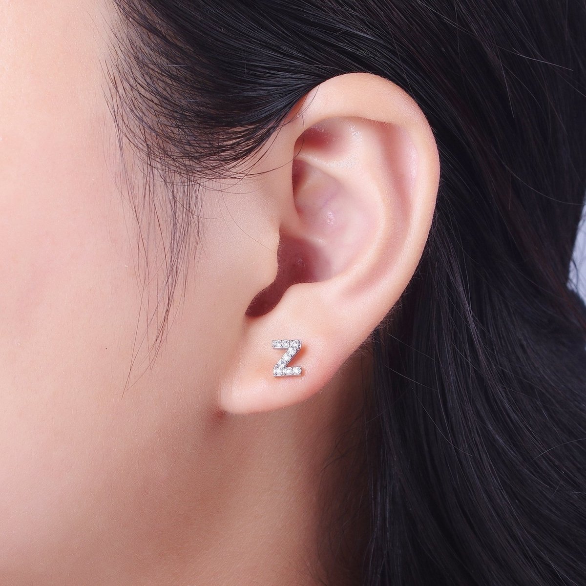 White Gold Filled Tiny Initial Letter Diamond CZ Silver Stud Earrings | Y-120~Y-145 - DLUXCA