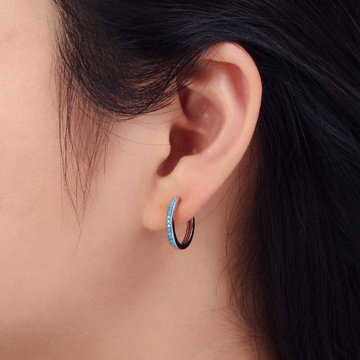 White Gold Filled Turquoise Lined 17mm Minimalist Endless Hoop Earrings | AB1052 - DLUXCA
