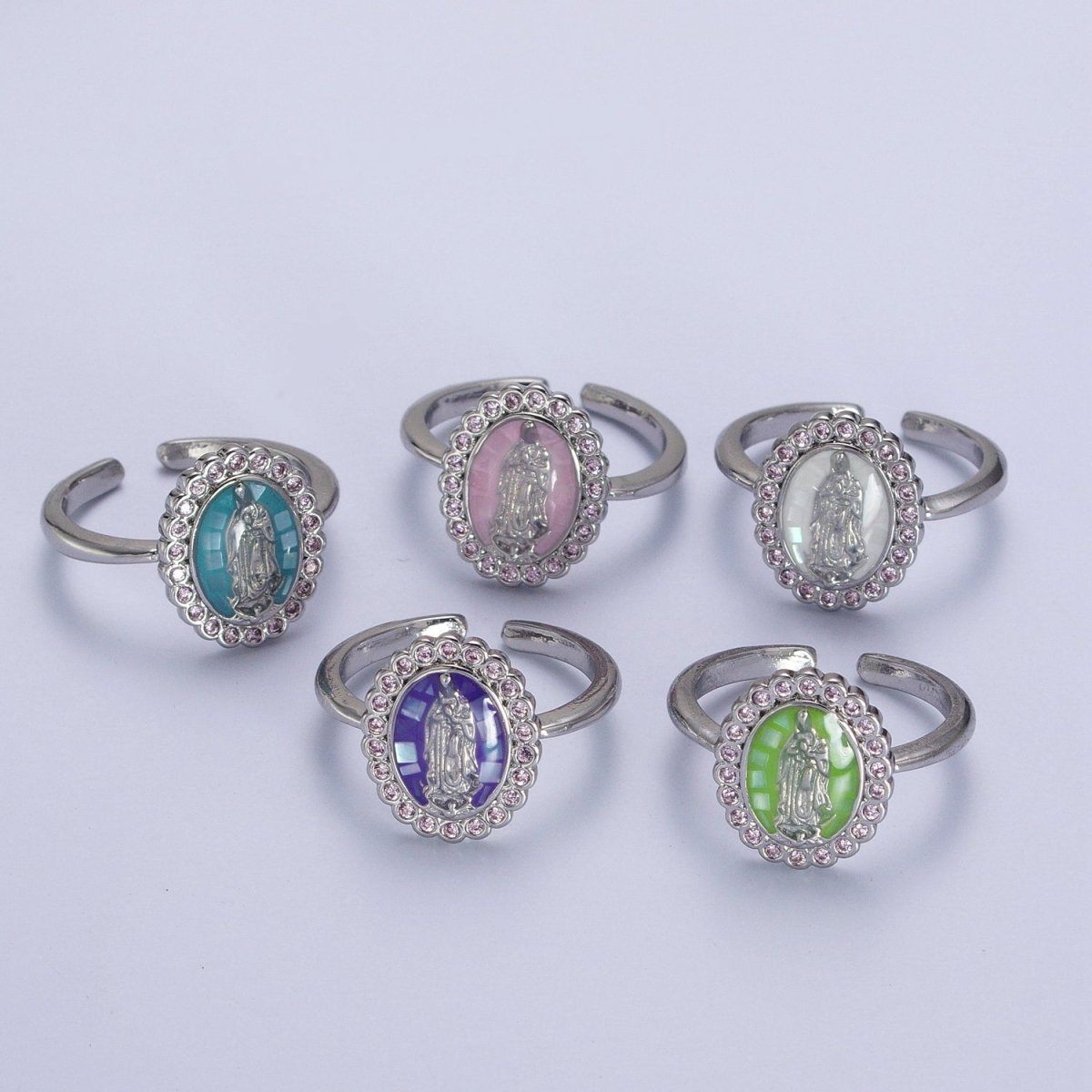 White Gold Filled Virgin Mother Mary White, Green, Pink, Blue, Purple Shell Opal Silver Ring | Y-495 ~ Y-499 - DLUXCA