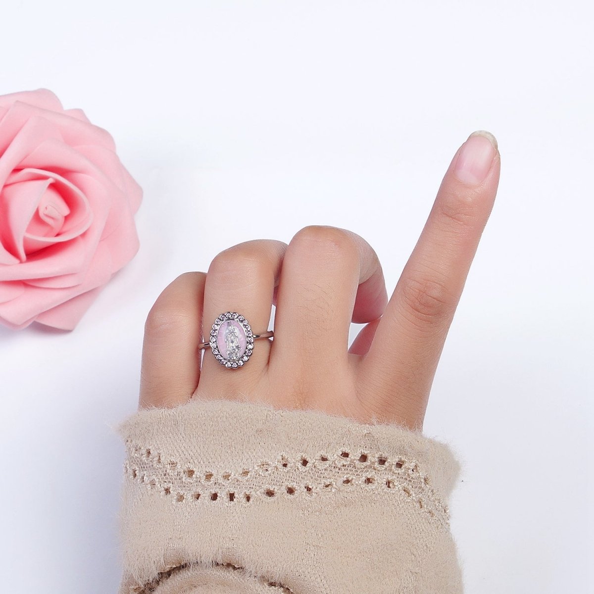 White Gold Filled Virgin Mother Mary White, Green, Pink, Blue, Purple Shell Opal Silver Ring | Y-495 ~ Y-499 - DLUXCA