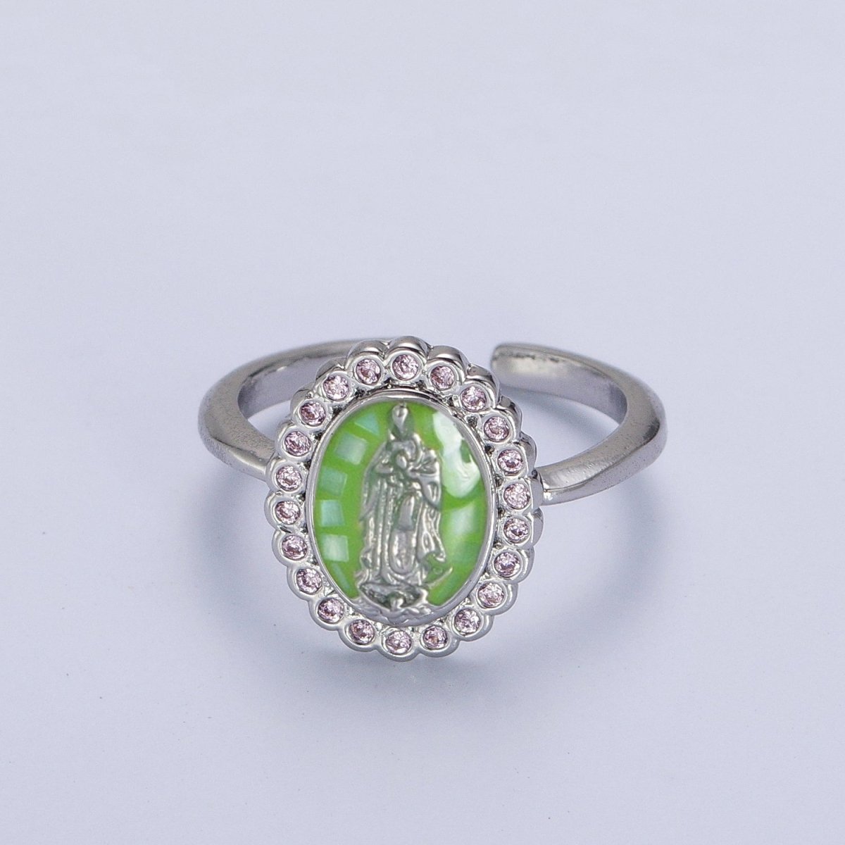 White Gold Filled Virgin Mother Mary White, Green, Pink, Blue, Purple Shell Opal Silver Ring | Y-495 ~ Y-499 - DLUXCA