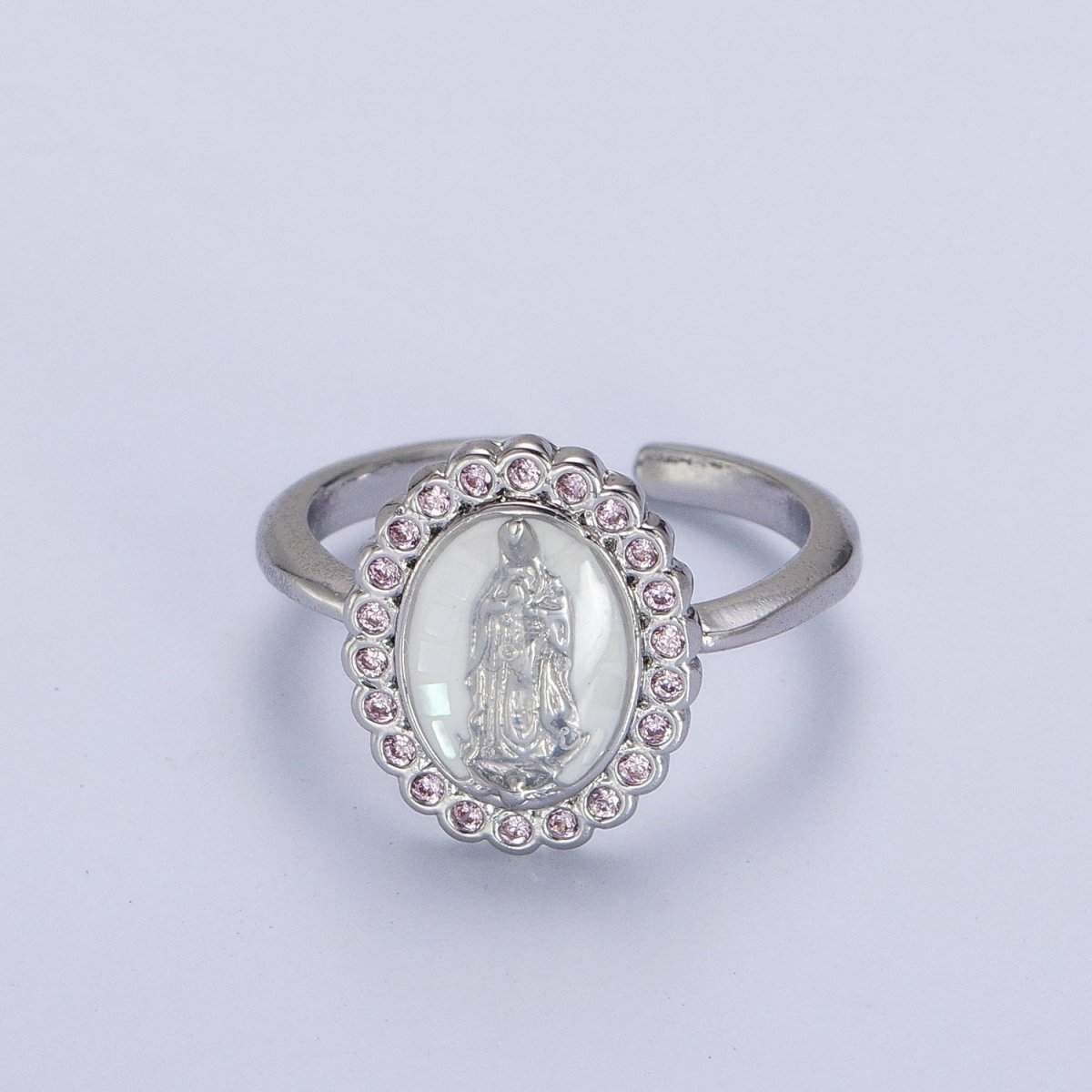 White Gold Filled Virgin Mother Mary White, Green, Pink, Blue, Purple Shell Opal Silver Ring | Y-495 ~ Y-499 - DLUXCA