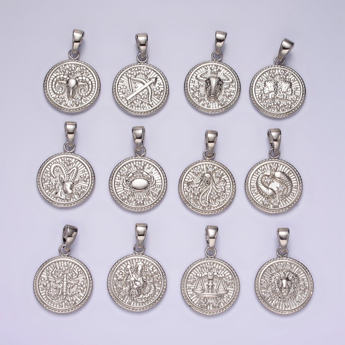 White Gold Filled Zodiac Sign Star CZ Medallion Personalized Pendant | A1351 - A1356 - DLUXCA