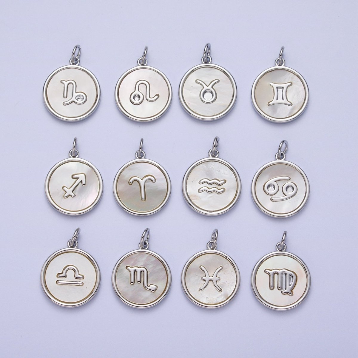White Gold Filled Zodiac Signs Shell Pearl Round Coin Astrology Horoscope Silver Charm | A-071 to A-082 - DLUXCA