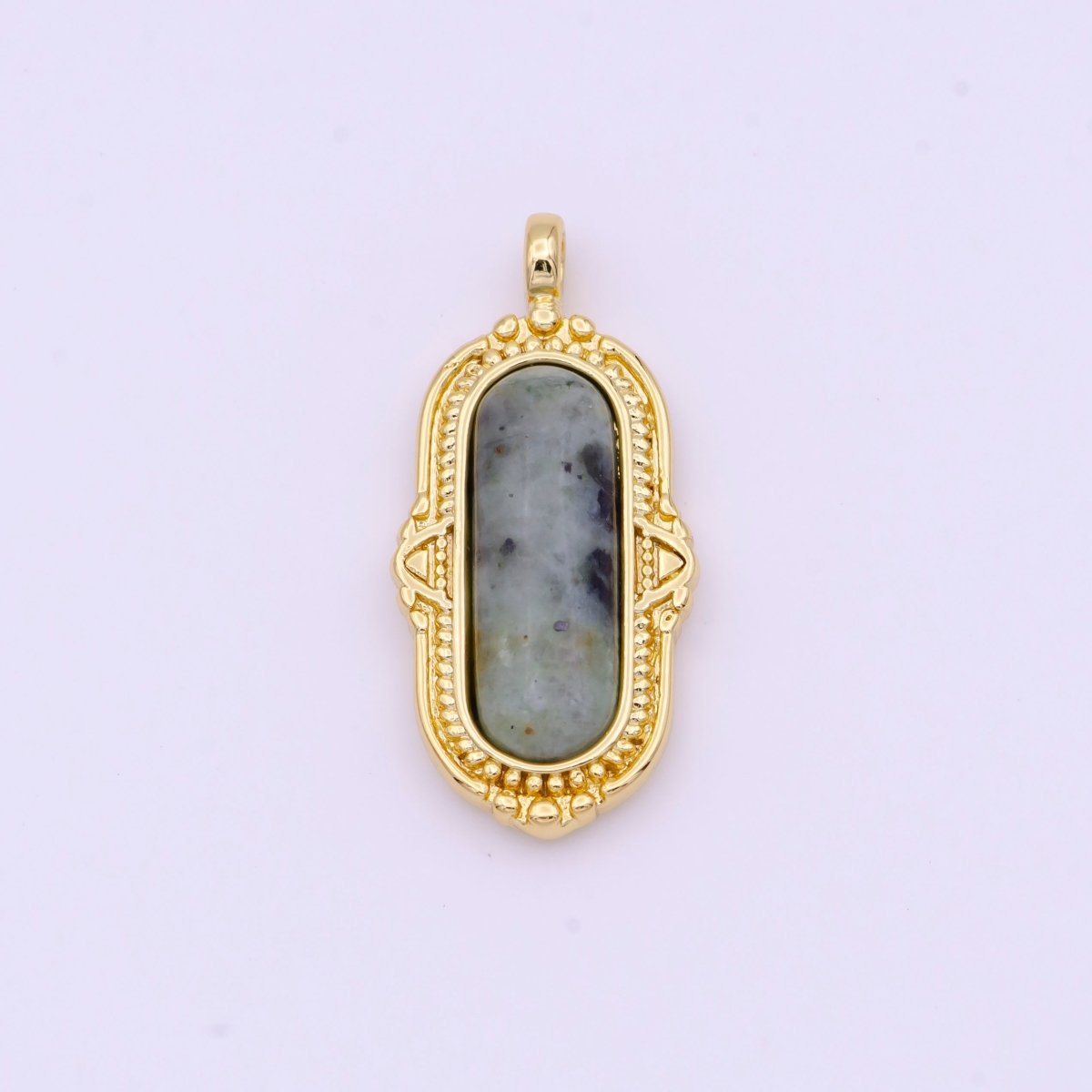 White / Green Natural Moonstone Rectangular Textured Gold Pendant H-003 H-078 - DLUXCA