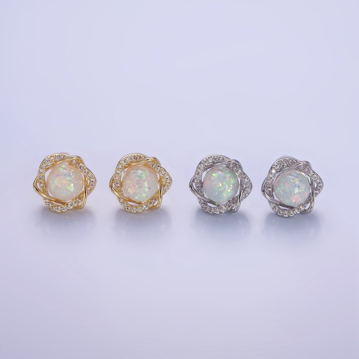 White Opal Curved Micro Paved Band Round Stud Earrings in Gold & Silver | V518 V519 - DLUXCA