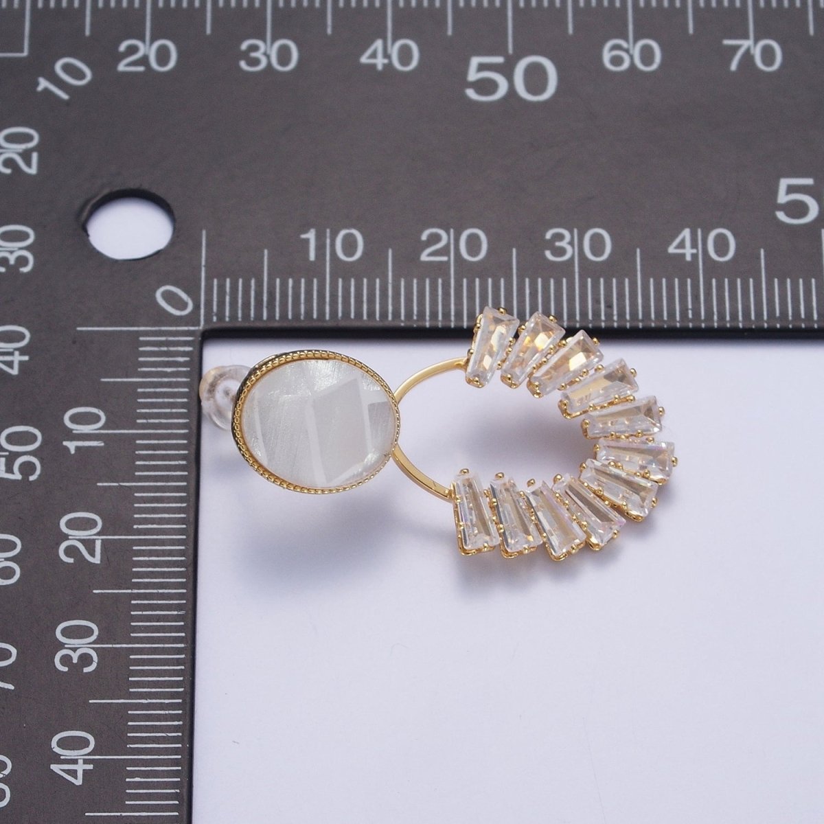 White Opal Oval with Baguette Cubic Zirconia Drop Gold Stud Earrings | X-883 - DLUXCA