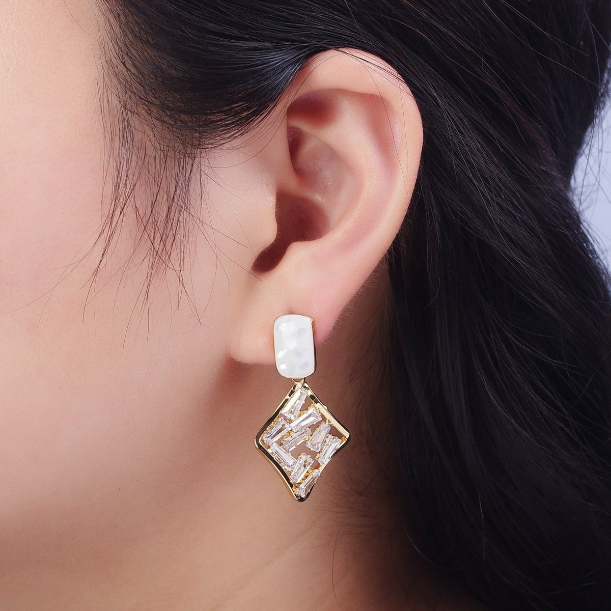 White Opal Squircle with Baguette Cubic Zirconia Rhombus Drop Gold Stud Earrings | X-893 - DLUXCA