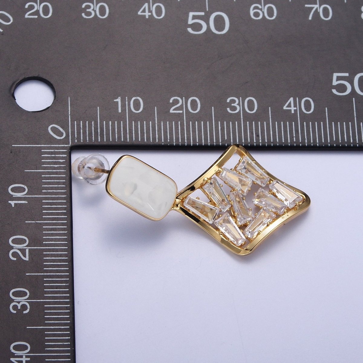 White Opal Squircle with Baguette Cubic Zirconia Rhombus Drop Gold Stud Earrings | X-893 - DLUXCA