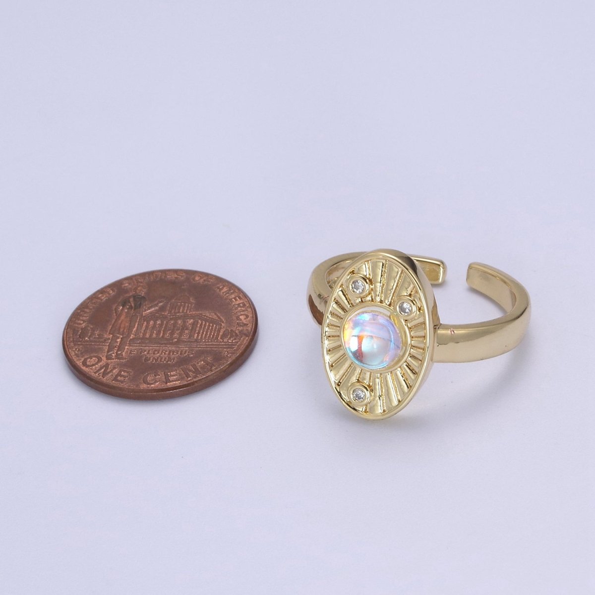 White Opal Sunburst Ring, Clear Crystal Zirconia CZ Oval Radial Adjustable Ring, 24K Gold Filled Statement Ring U-460 - DLUXCA