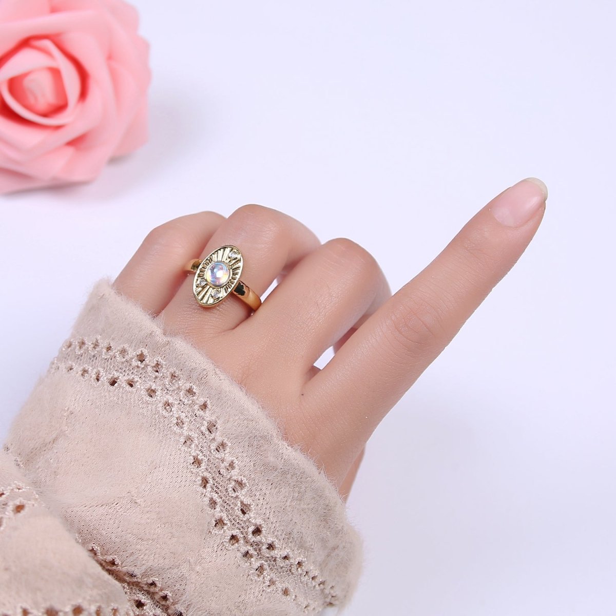White Opal Sunburst Ring, Clear Crystal Zirconia CZ Oval Radial Adjustable Ring, 24K Gold Filled Statement Ring U-460 - DLUXCA