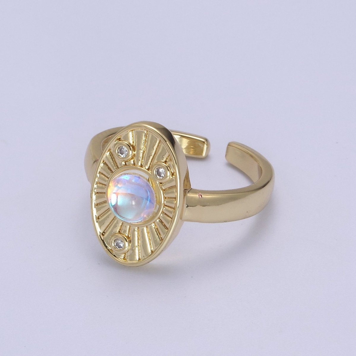 White Opal Sunburst Ring, Clear Crystal Zirconia CZ Oval Radial Adjustable Ring, 24K Gold Filled Statement Ring U-460 - DLUXCA