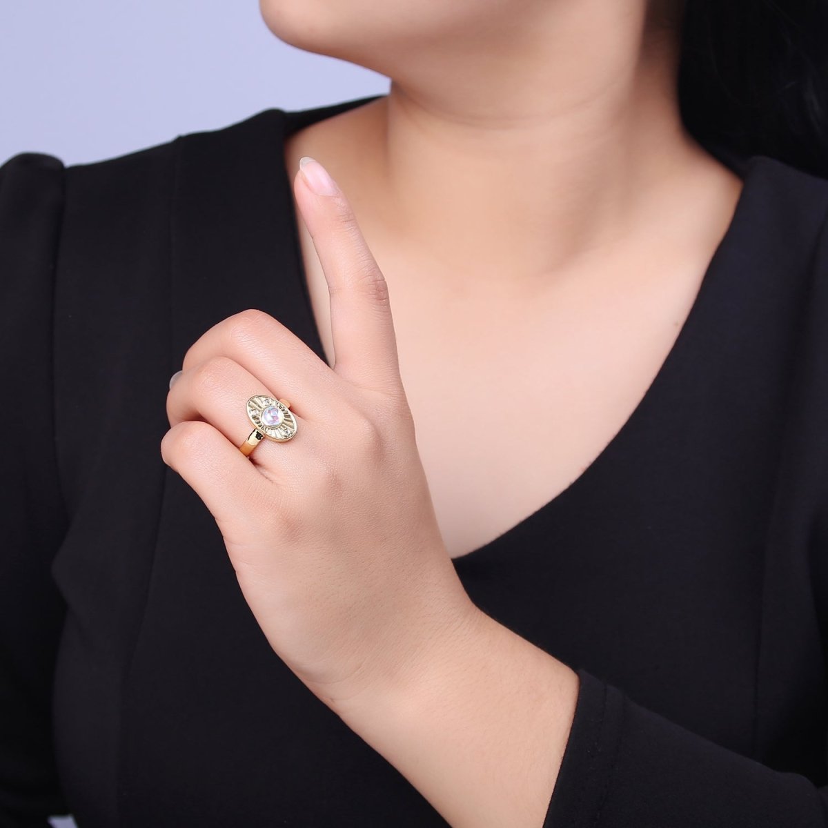 White Opal Sunburst Ring, Clear Crystal Zirconia CZ Oval Radial Adjustable Ring, 24K Gold Filled Statement Ring U-460 - DLUXCA