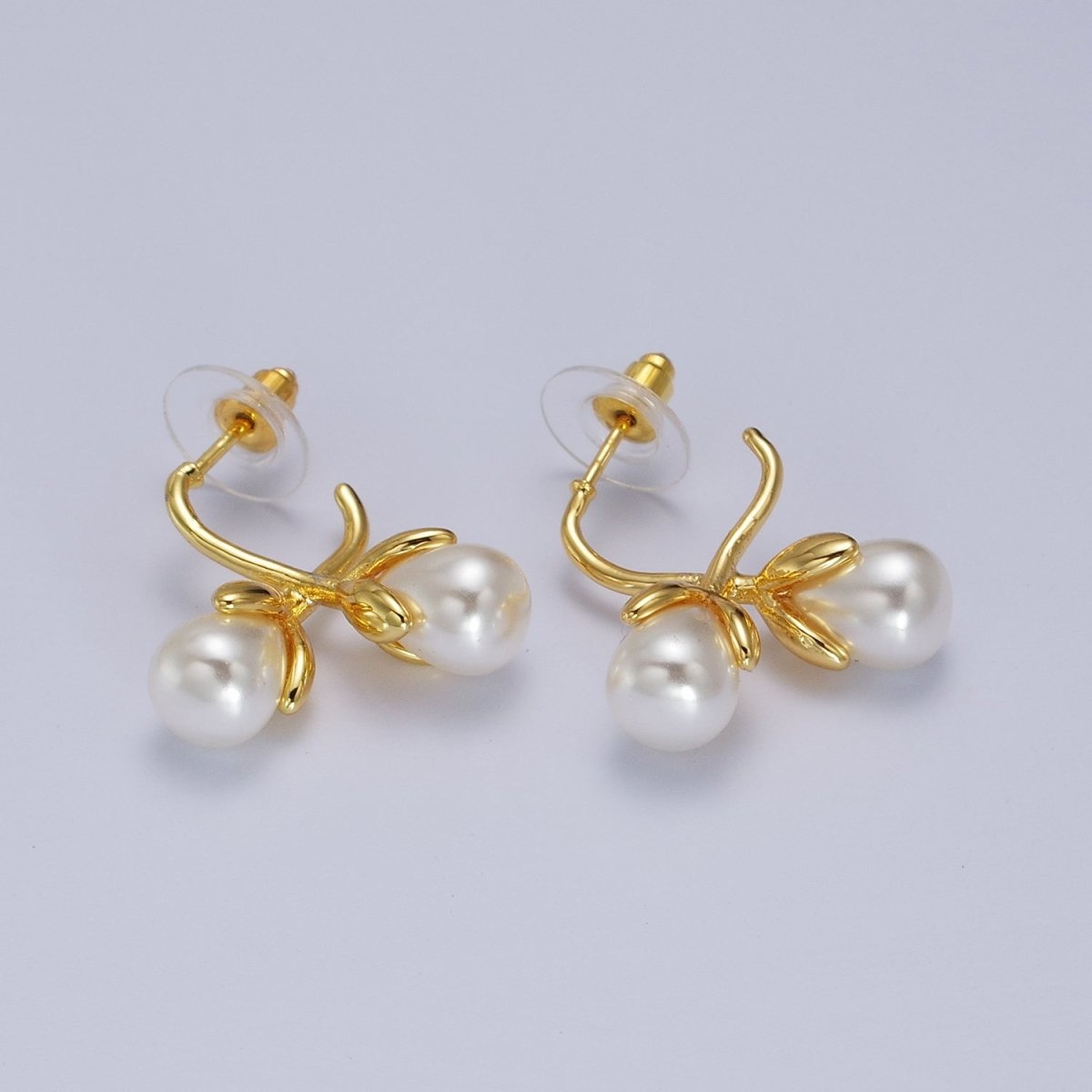 White Pearl Hanging Flowers Gold Stud Earrings | AB005 - DLUXCA