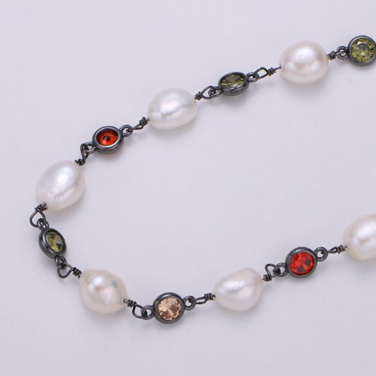 White Pearl Rosary Chain with 5mm Multi Colored CZ Beaded Roll Chain, Gold Silver Gun Metal For Necklace Bracelet Anklet Supply Component, DESIGNED PEARL Chain | ROLL-383, ROLL-384, ROLL-385 Clearance Pricing - DLUXCA