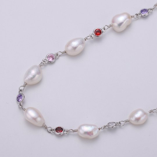 White Pearl Rosary Chain with 5mm Multi Colored CZ Beaded Roll Chain, Gold Silver Gun Metal For Necklace Bracelet Anklet Supply Component, DESIGNED PEARL Chain | ROLL-383, ROLL-384, ROLL-385 Clearance Pricing - DLUXCA