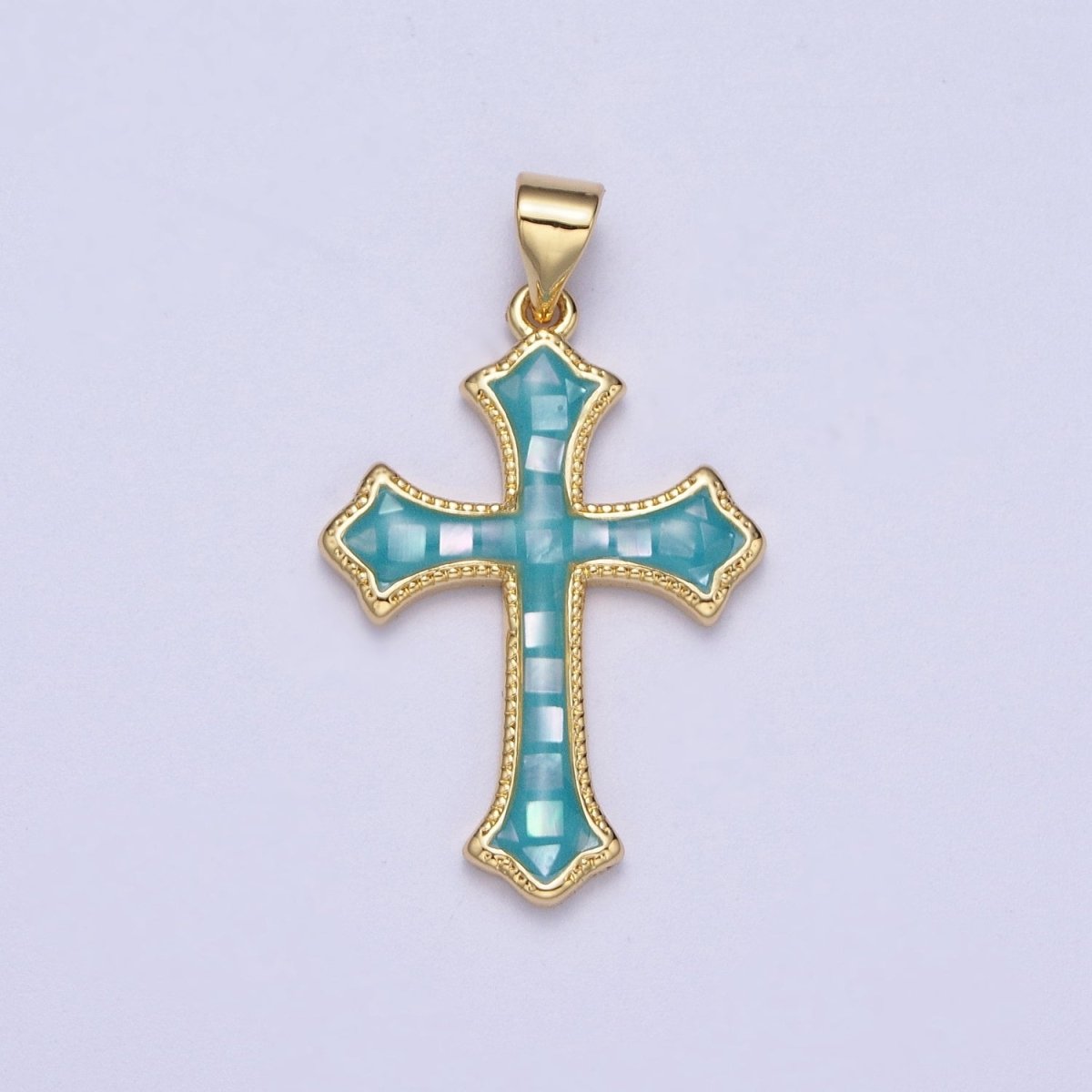 White, Pink, Blue Shell Opal Religious Passion Cross Gold Pendant H-395 H-416 H-433 - DLUXCA
