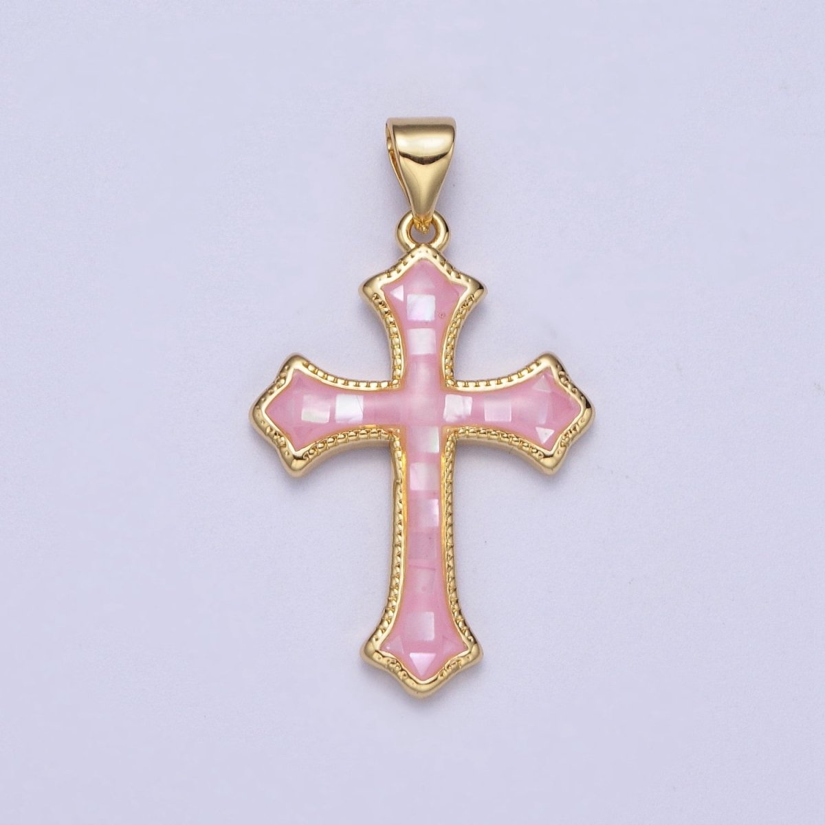 White, Pink, Blue Shell Opal Religious Passion Cross Gold Pendant H-395 H-416 H-433 - DLUXCA