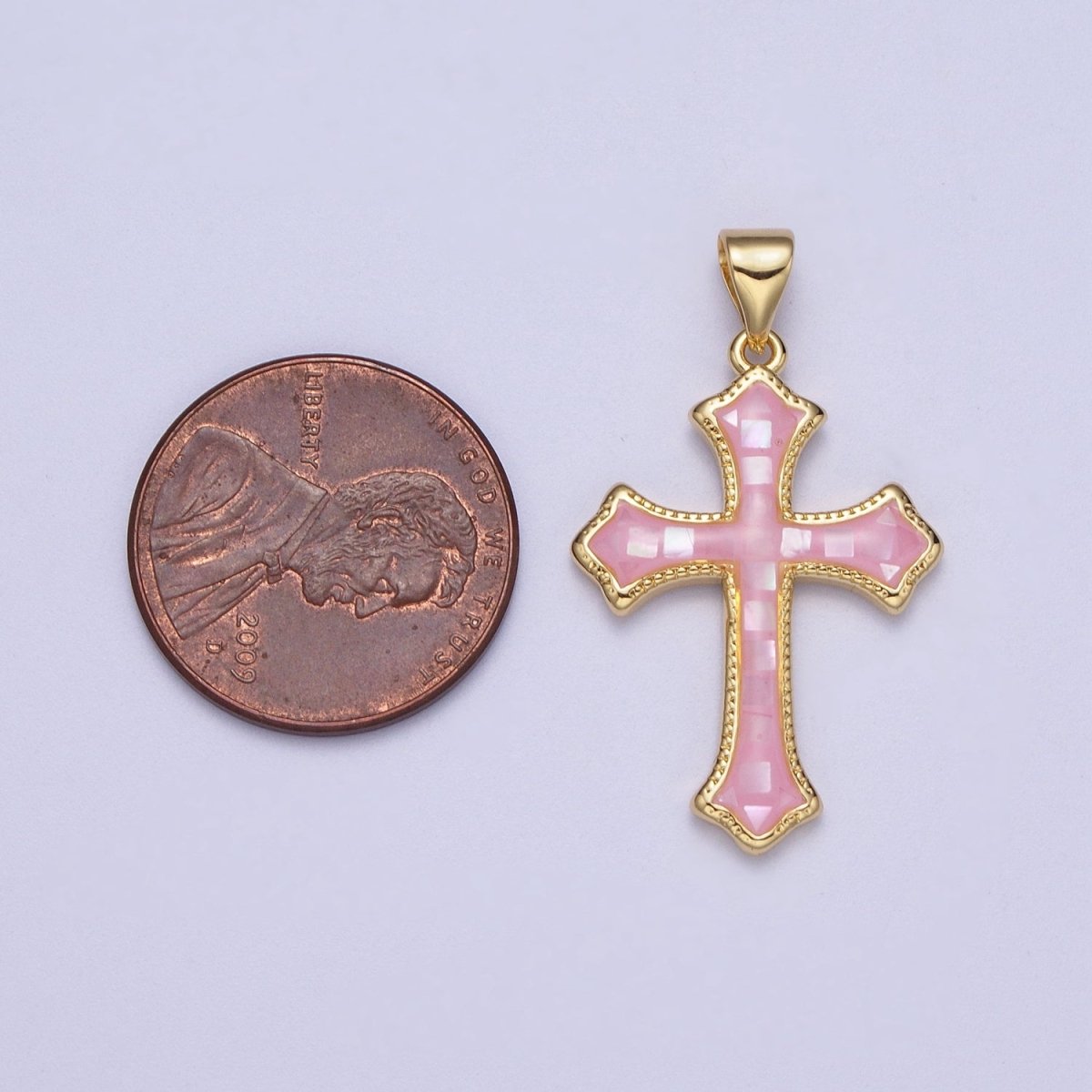 White, Pink, Blue Shell Opal Religious Passion Cross Gold Pendant H-395 H-416 H-433 - DLUXCA
