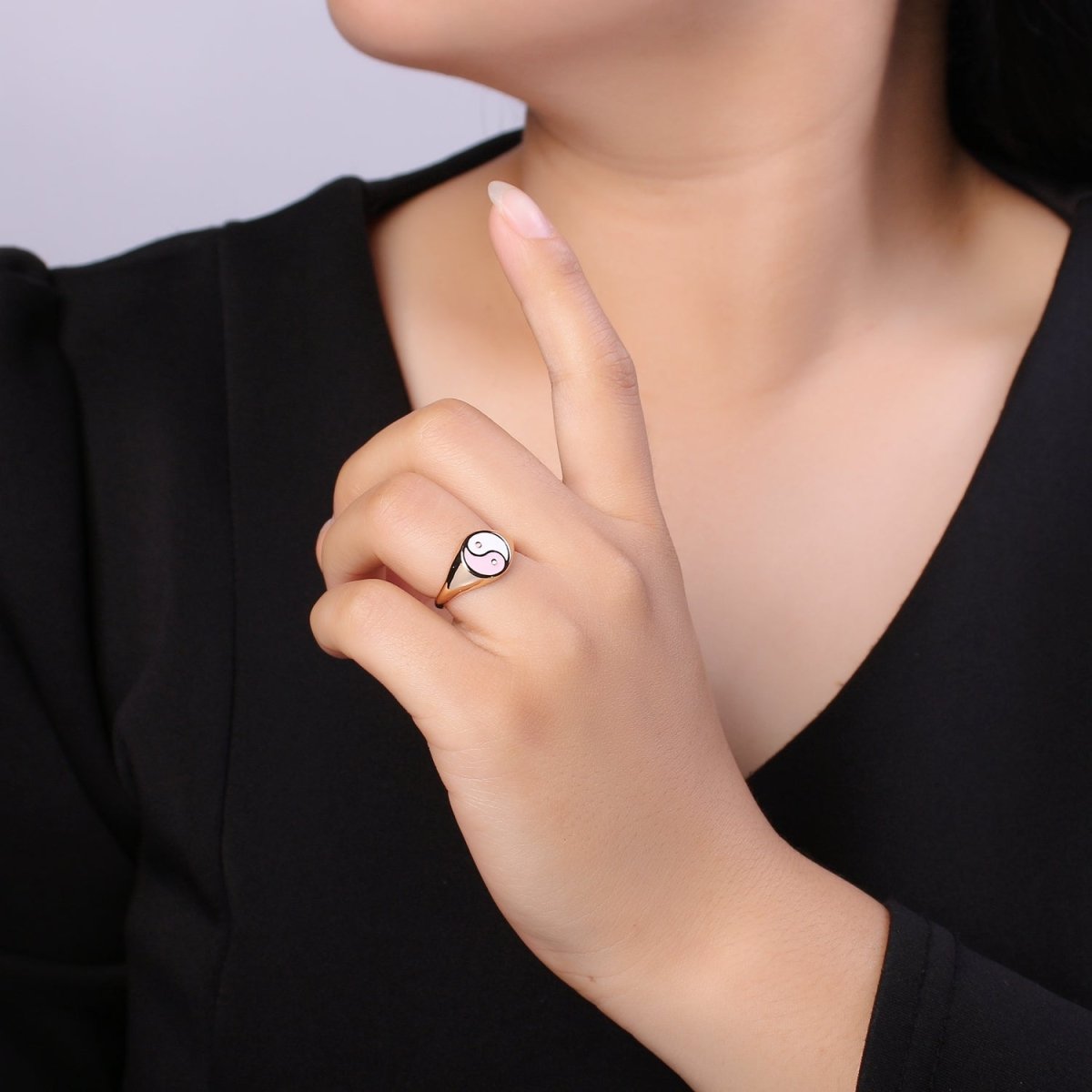 White Pink Yin Yang Gold Filled Adjustable Ring O-330 - DLUXCA